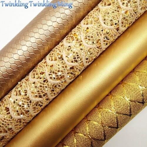 GOLD Lace Glitter Fabirc, Faux Leather Fabric, Honey Synthetic Leather Fabric Sheets For Bow A4 21x29CM Twinkling Ming XM535