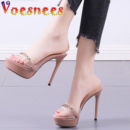 Nude Color Transparent Metal Chain Platform Slides One Word Thin Heel Women Shoe Sweet Korean Style Wedding High Heels Sandals