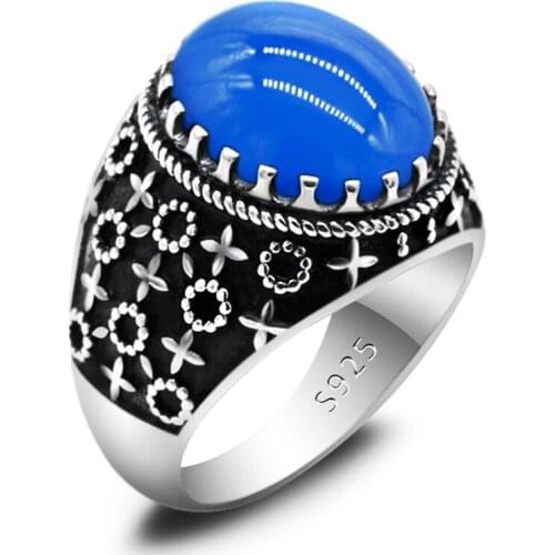 Vintage Royal Blue Agate Stone Ring for Men 925 Sterling Silver Cross and Circles Male Ring Punk Turkish Thai Silver Jewelry