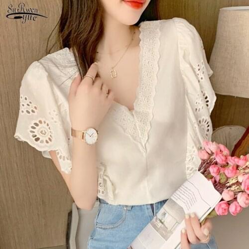 2021 Summer Korean V Neck Butterfly Short Sleeve Blouse Women Lace Stitching Chiffon Shirt Ladies Loose Hollow White Tops 15571