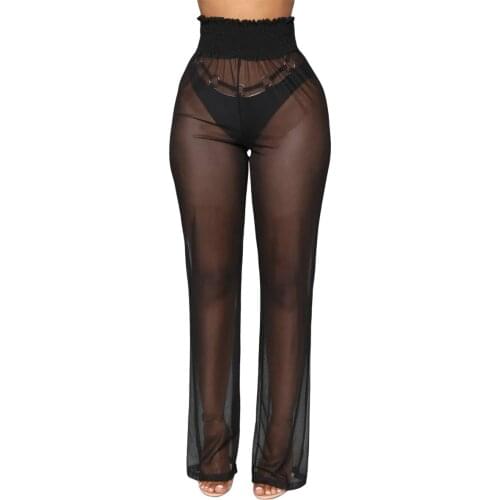 Women Fashion Solid Mesh Falling Out Cover Up Pants Sexy Ultra-thin Transparent Wide Leg Bottoming Pants
