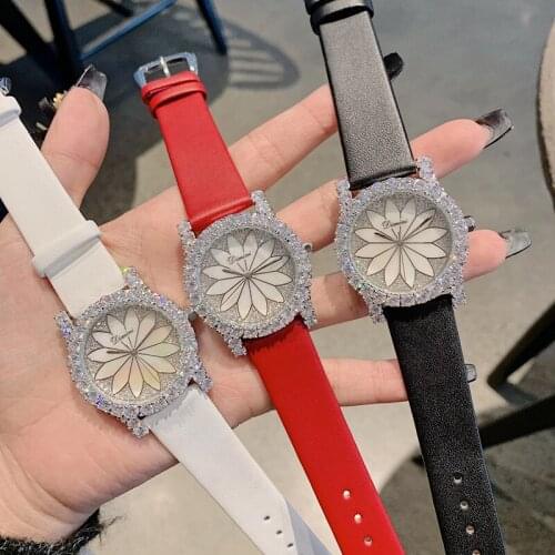 Multi Colors Genuine Leather Strap Watches for Women Luxury Brand Crystals Dress Wrist watch Shell Lotus Flower Watch Zircons CZ