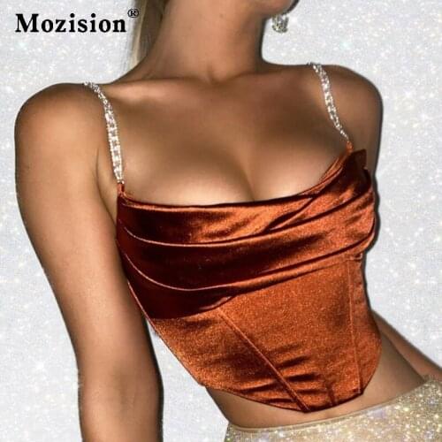 Mozision Sexy Fashion Satin Diamond Zipper Backless Corset Top For Women Backless Camis Crop Tops Party Sleeveless Tops Draped