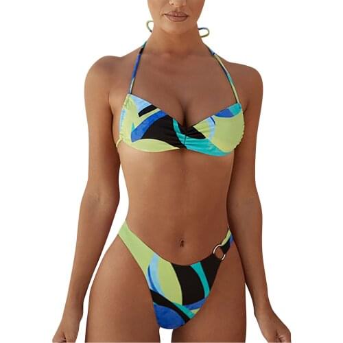 Womens Sexy Print Ruched Push Up Women Bandeau Swimsuit Female Swimwear Bra Cup Bikini Set High Cut Bathing Suit Moda Praia
