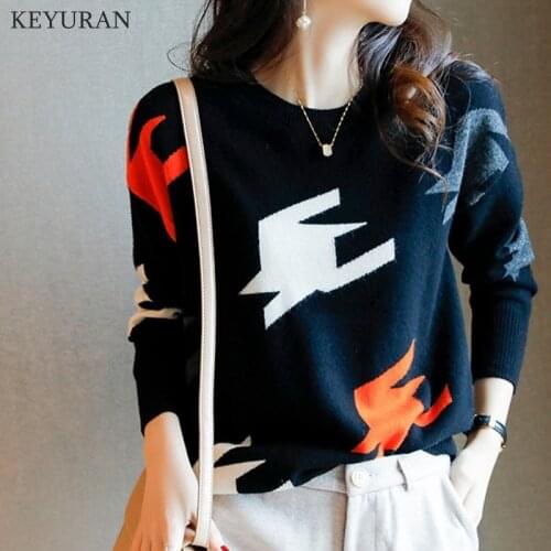 Spring Autumn Knitted Pullover Sweater Women Geometry Long Sleeve Loose Knitted Sweaters Jumpers Female Bottoming Knitwear Tops