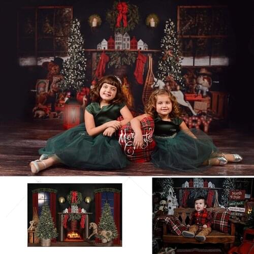 Winter Photography Backdrop Christmas Tree Fireplace Window Photo Shoot Wreath Candle Toys Birthday Portrait Background Studio