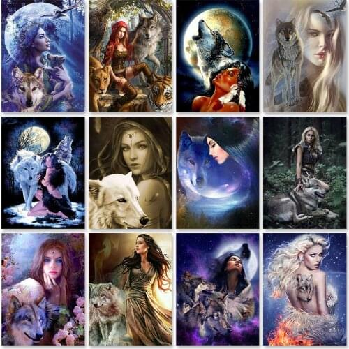 ZOOYA DIY 5D Diamond Painting Wolf & Woman Diamond Embroidery Cross Stitch Rhinestone Mosaic Landscape Picture Home Decor A0205