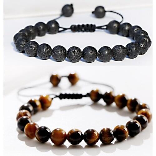 2PCS Men Women Tiger Eye Classic Natural Lava Rock Stone Braided Rope Beaded Bracelets&Bangles Anxiety Stress Relief Bracelet