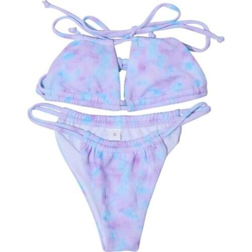 2021 Summer Split Swimwear Set Adults Women Creative Tie-dye Bikini Set Mixed Color Tie Up Sexy Backless Bikini Swimsuit Ladies