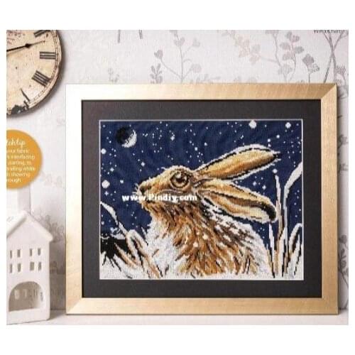 Colorfully fabric Cute Counted Cross Stitch Kit Winter Snow Bunny Hare Rabbit Pet in Moon Night