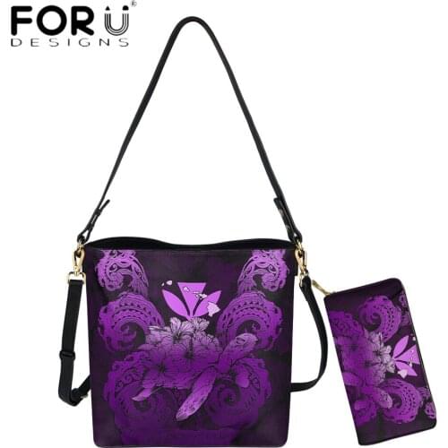 FORUDESIGNS Purple Color Hawaii Hibiscus With Polynesian Turtle Print Women Crossbody Bag With Luxury Purse Casual Lady Tote Bag
