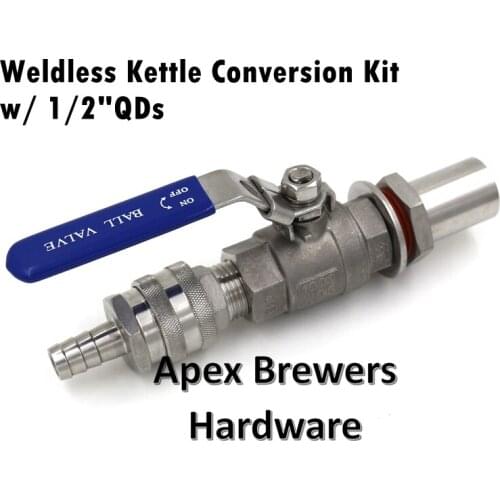 Weldless Kettle Conversion Kit w/ 1/2" Quick Disconnects, 1/2" Female QD with 1/2" Barb, 1/2" Male QD, 2 pc SS316 Ball Valve