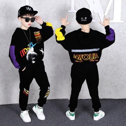 Teen Children Clothes 3-11 12 13 14year Boys Costume Tracksuit Black Hooded Letter Tops Pants 2PCS Children Spring Outfits Set