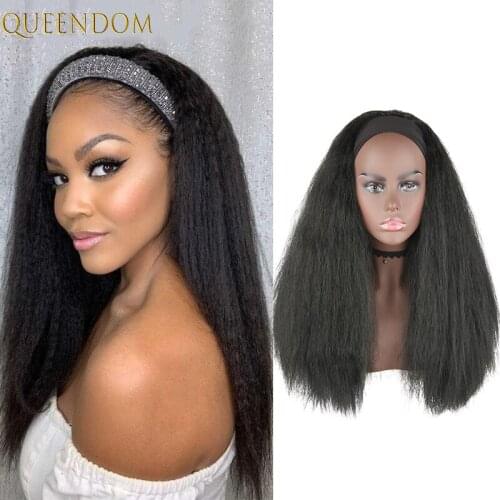 Kinky Straight Headband Synthetic Wig Puffy Yaki Straight Hair Wigs for Black Women 22'' Long Brown Turban Wig Perruque Cosplays