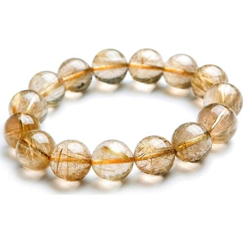 16mm Brazil Natural Copper Hair Rutilated Quartz Bracelet Women Men Stretch Charm Round Crystal Bead Bracelet