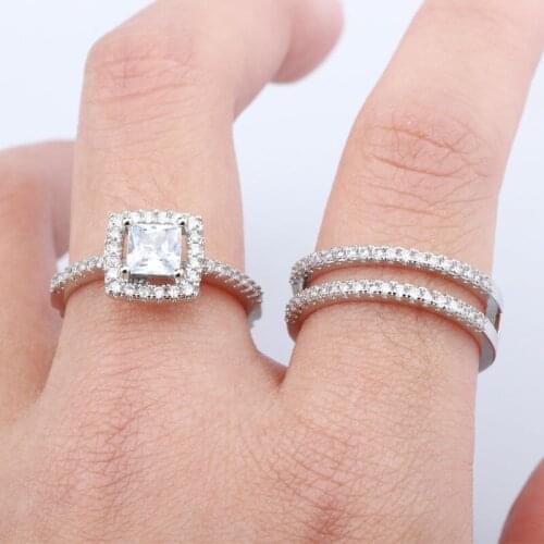 Fashion Female Ring Set Exquisite Square Cube Zirconia S925 Silvery Jewelry Promise Wedding Engagement Rings Anniversary Gifts