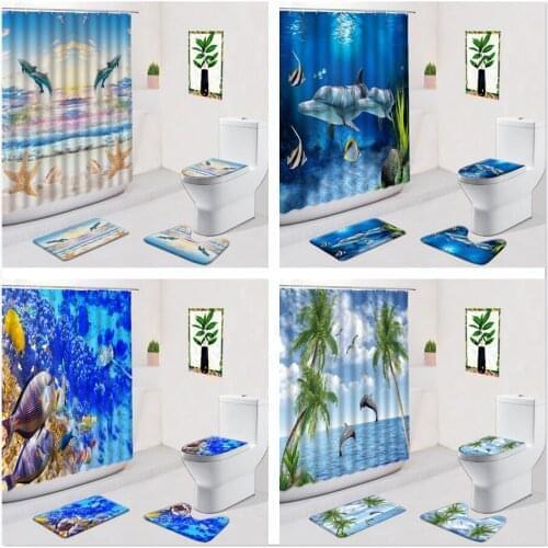 Dolphin Bathroom Set Shower Curtain Ocean Starfish Non Slip Bath Carpets Toilet Cover Mat Sea Turtle Tree Fish Bathtub Curtains