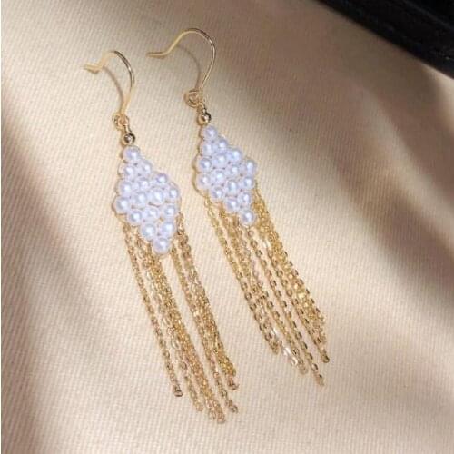 New Style Natural Pearl Earrings Handmade Square Real Freshwater Pearl Long Gold Chain Dangle Earring Perfect Women Girl Gift