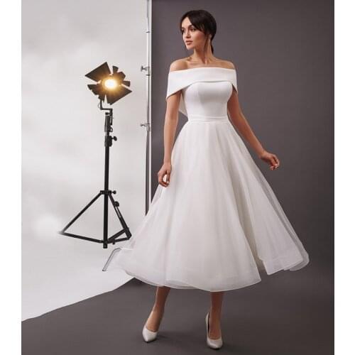 Charming Boat Neck A-line Tea Length Wedding Gowns 2021 High Quality Organza Bridal Dress with Lace-up Back