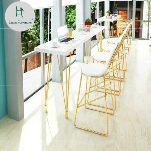 Louis Fashion Cafe Furniture Sets Nordic Gold Iron Chair Long Table Milk Tea High Bar Near the Wall Family Leisure Table