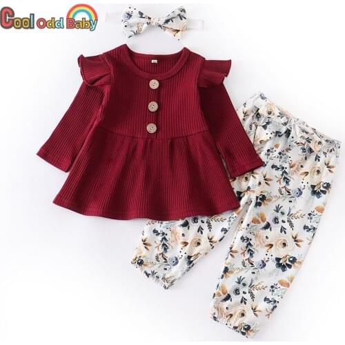 Autumn Baby Girls Clothes Set Newborn Outfits Cotton Long Sleeve Ruffles Tops Floral Pants Headband 3Pcs Infant Toddler Clothing