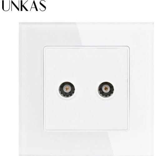 UNKAS White Luxury Crystal Glass Panel Double 1 Gang RJ11 2 Core Telephone Outlet Wall Socket Popular at ES RU