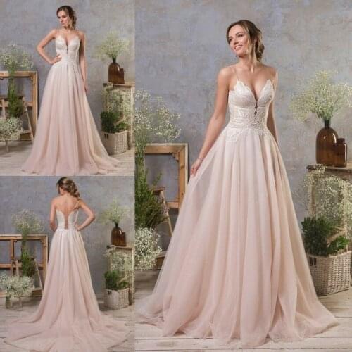 Blush Pink Wedding Dresses Spaghetti Straps V Neck Petite Plus Size Bridal Gowns