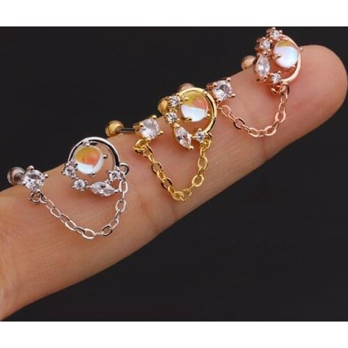 1 PCS Cute Sweet Small Round Zircon Circle Earring with Chain Trendy Double Ball Ears Cartilage Piercing Stud Cuff Jewelry