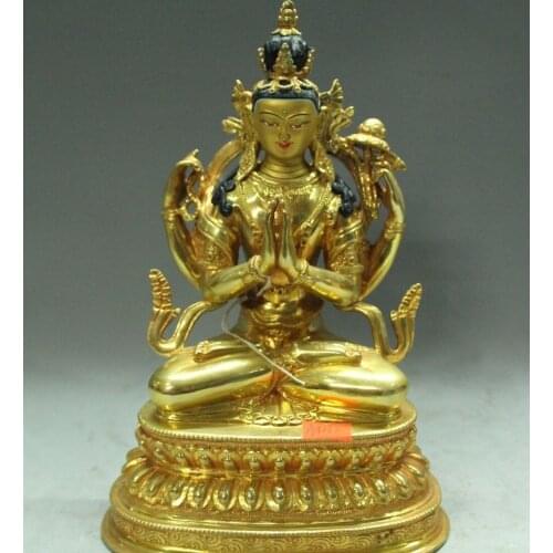9"China Buddhism Bronze 24K Gold 4 Arms Guanyin Quan Yin Kwan-Yin Buddha Statue