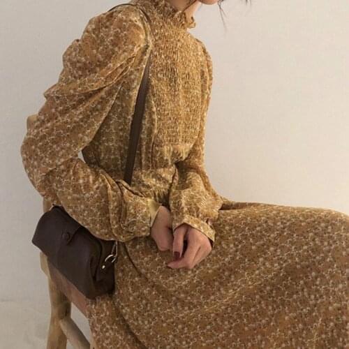 Frence Vintage Elegant Women Floral Print Long Dress Long Sleeve Stand Collar Elastic Waist Slim Casual Dresses Mujer Vestidos