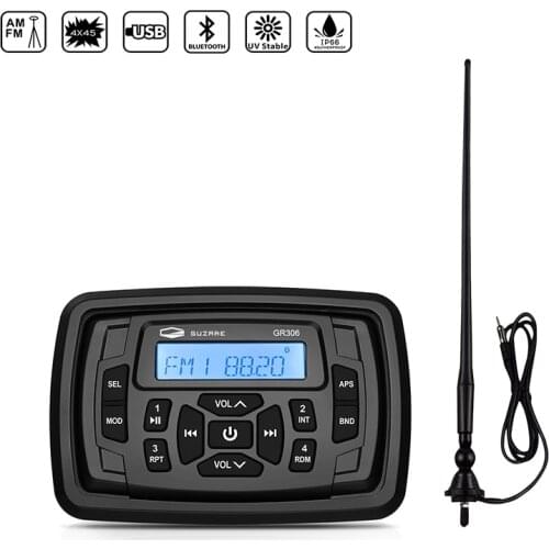 Waterproof Marine Stereo Bluetooth Boat Audio FM AM Car MP3 Player+Boat Radio Antenna For RV UTV Golf Cart Tractor Motorcycle
