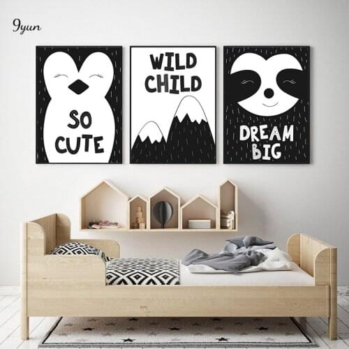 Back And White Cute Penguin Sloth Mountain Wall Art Nursery Poster Print Canvas Painting Scandinavian Children Room Decoration
