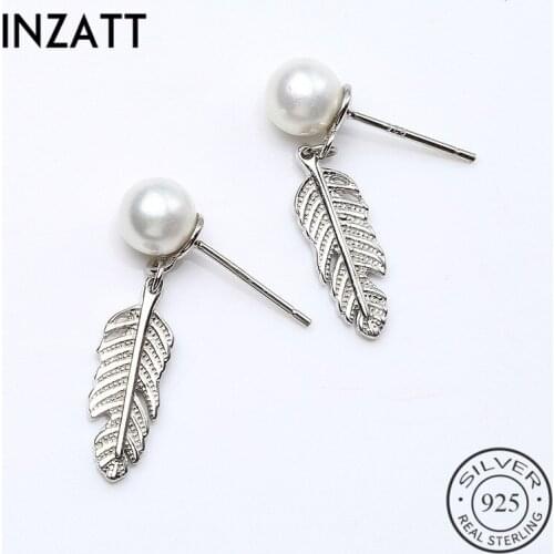 INZATT Romantic 925 Sterling Silver Pearl Dangle Drop Earrings Fashion Metal Feather Shape For Women Charm Party Jewelry Gift
