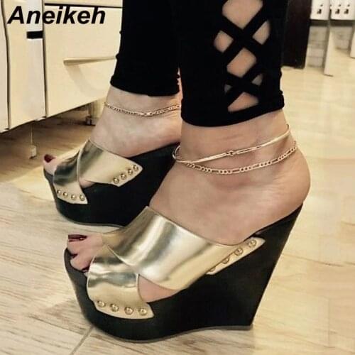 Aneikeh Women Platform Shoes Summer Solid Peep Toe Wedges Modern Slippers Sequined Cloth Slides Outside Fashion 2021 Rome Party