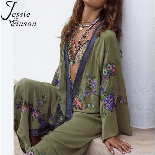 Jessie Vinson Women Plus Size Long Sleeve Perspective Flower Embroidery Long Cardigan Kimono Beach Sun Proof Cover up Overall