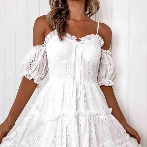 Summer Dress Women White Hollow Out Lace Wrapped Chest Sling Pleated Dress For Women Vestidos Femme Robes Womens Clothing 2021