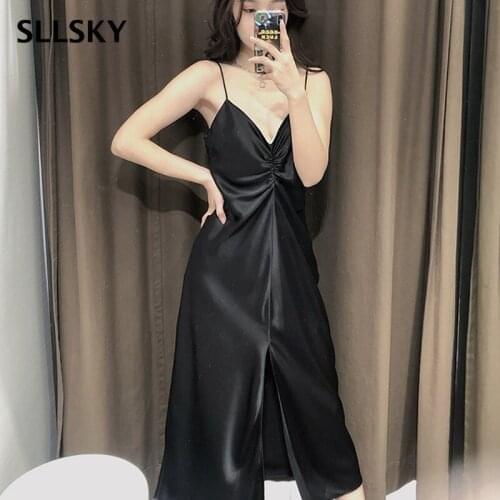 SLLSKY Sexy Chic Fashion Womens Dress Pleated Solid V Neck Spaghetti Strap Mid-Length Dress Casual Vintage Open Back Dress
