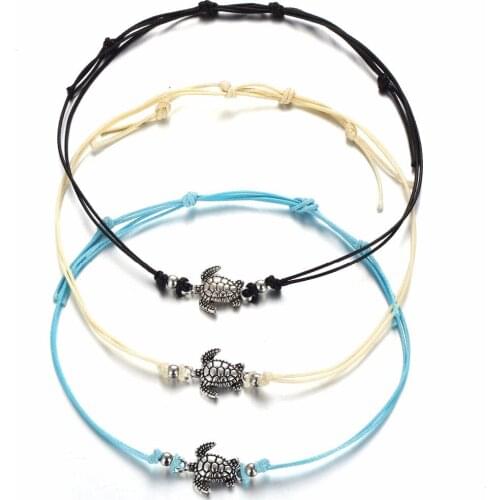 10 pieces/lot Turtle Pendant Anklets Ankle Bracelet Antique Silver Color Beads Rope Leg Chain Barefoot Sandal Beach Foot Jewelry