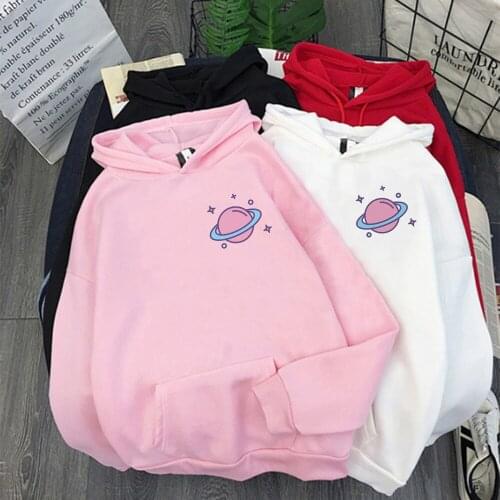 2021 Cute Kawaii Hoodie Saturn Globe Print Winter Clothes Women Pink Tops Harajuku Sweatshirt Vintage Super Warm Streetwear