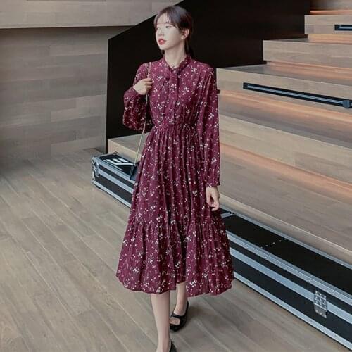 3 Colors Women Long Chiffon Floral Dress Autumn Spring 2021 Elegant Long Sleeve Dress Korean Boho Party Dress Black Burgundy New