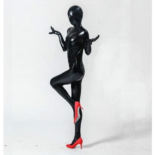 Black Faux Leather Zentai Halloween Cosplay Costume Full Body Women Skin Suit Sexy Tight-fitting Catsuit Exotic Adult Bodysuit
