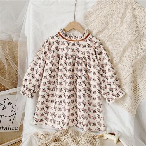 Kids Girls Floral Dress New Toddler Baby Long Sleeve Ruffles Neck A-line Loose Cotton Vestidos One Pieces Princess Clothes