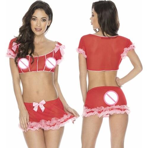 Erotic Transparent Intimates Sexy Christmas Lingerie Set Underwear Red Hollow Out Women See Through Bra Miniskirt Set with Bow