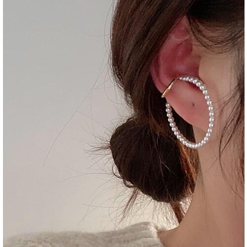 Korean Gold Color Double Circle Pearl Ear Cuff Vintage Geometric Crystal Earcuff Fake Piercing Pearls Clip on Earings