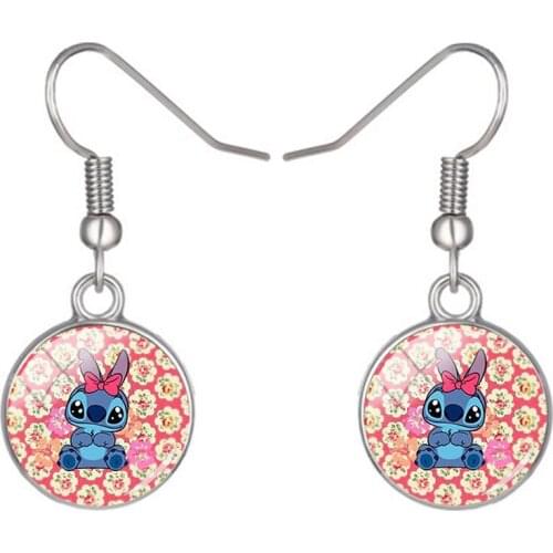 Disney Creative Design Stitch Cute Baby Pendant Earrings Cabochon Glass Art Printed Round Jewelry Jewelry Girls Earrings