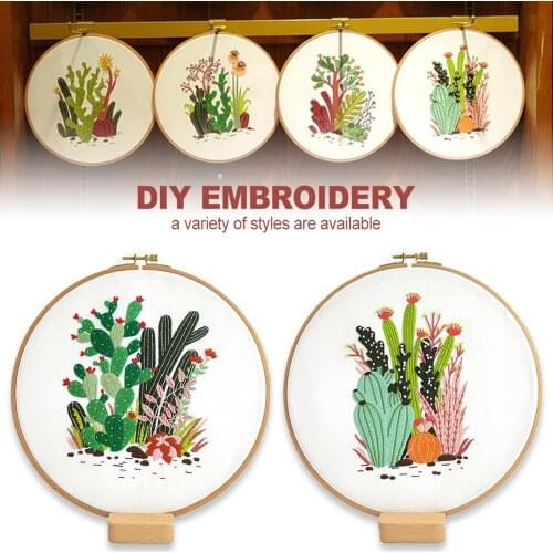 DIY Cactus Heart Love Flowers Embroidery Kit Handcraft Cotton Cross Stitch Kit Embroidery Painting Embroidery Hoop Home Decor