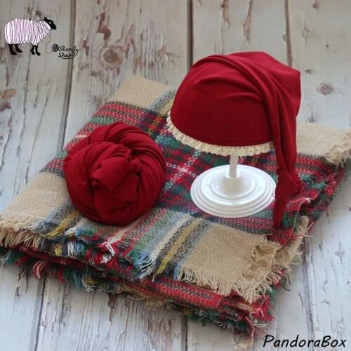 Newborn Photography Background Props Xmas Plaid Blanket Infant Baby Photo Shoot Christmas Hat Wrap Blanket Backdrops photo Prop