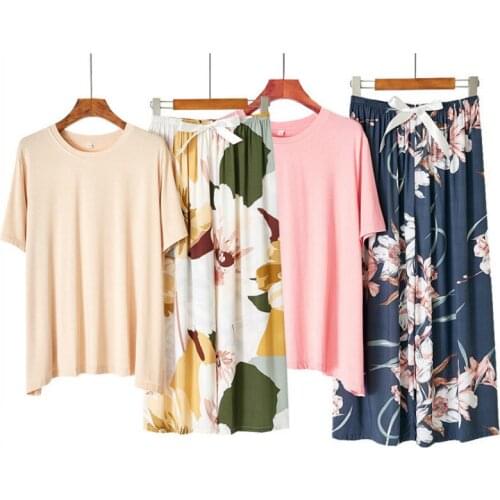 New Modal Womens Pajamas, Japanese Simple Floral Graffiti Long-sleeved Nine-point Pants Cotton Silk Plus Size Home Service Suit