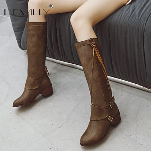Lsewilly 2020 Winter Fringed Womens Knee High Boots Plus Size Solid Color Low Heel Tassel Slip on Female Shoes Women Boots