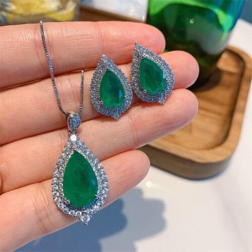 2021 Copper Green Water Drop Stone AAA Cubic Zirconia Stud Earrings Pendant Necklaces Jewelry Sets Womens Fashion Sets Gift